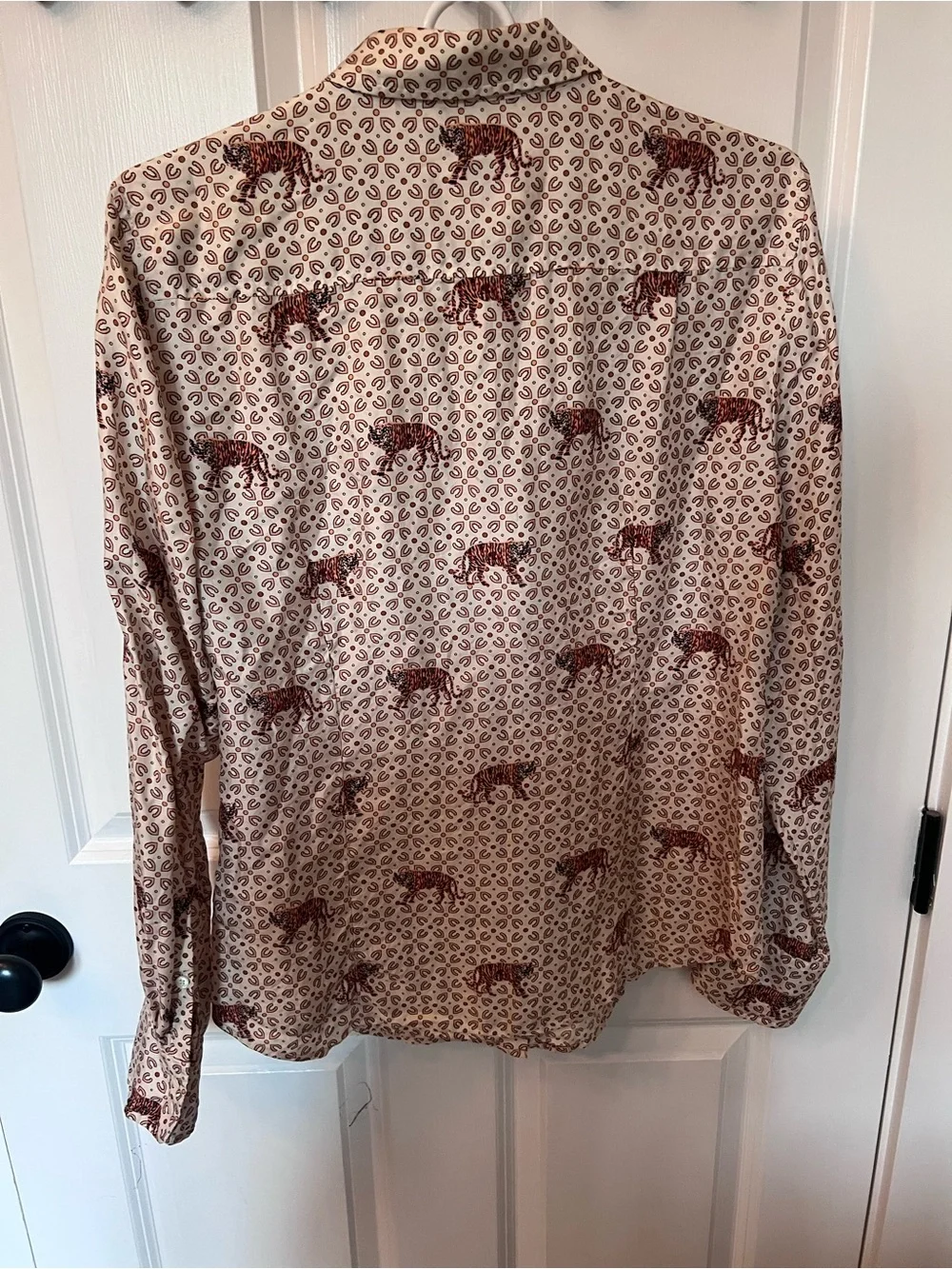J. Crew Silk Cream Button-Down Shirt with Rust Orange Tiger Print